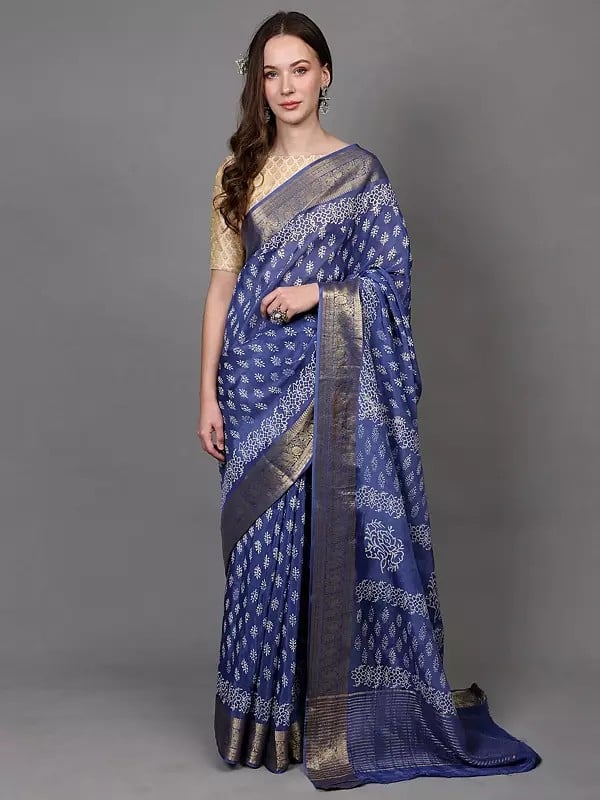 exotic india Dutch-Blue Dola Silk Saree with Dabu Block Print and Zari Woven Floral Vine Border 