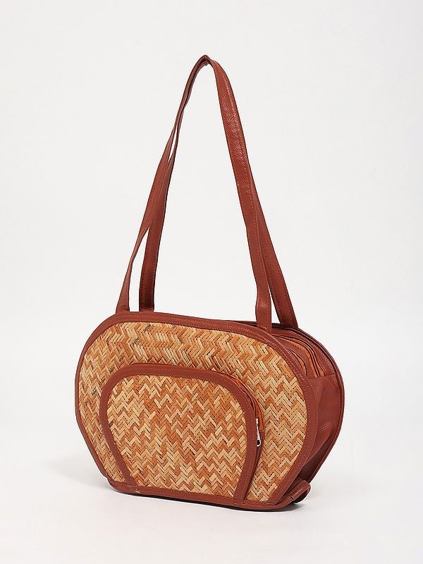 Exotic India Eco Friendly Handmade Bamboo Shoulder Bag With Zipper Closure 