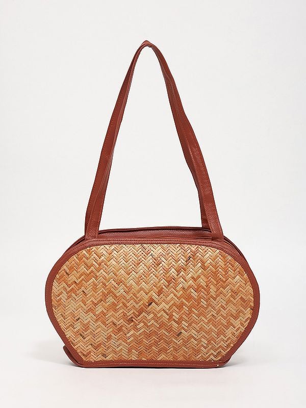 Exotic India Eco Friendly Handmade Bamboo Shoulder Bag With Zipper Closure 