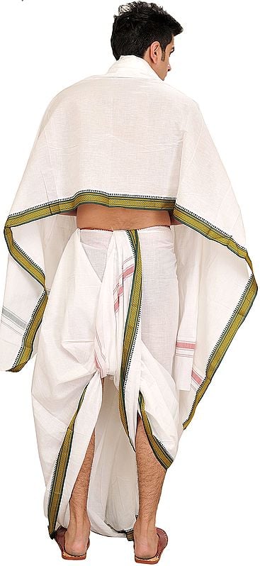 Exotic India Egret-White Dhoti And Angavastram Set With Zari Weave On Border
