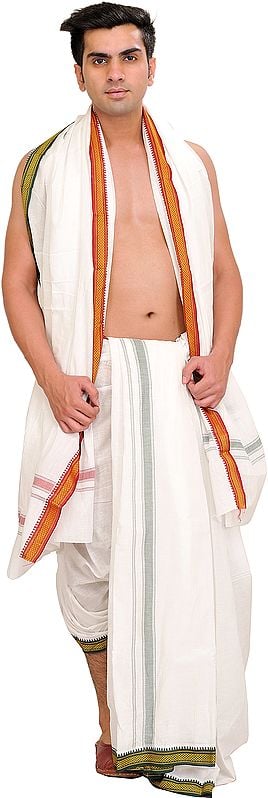 exotic india Egret-White Dhoti and Angavastram Set with Zari Weave on Border 