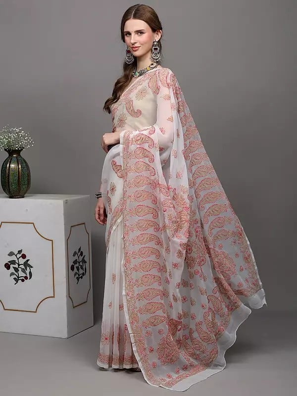 Exotic India Egret-White Georgette Saree From Lucknow With Chikan Embroidered Paisleys By Hand 