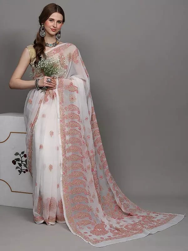 Exotic India Egret-White Georgette Saree From Lucknow With Chikan Embroidered Paisleys By Hand 