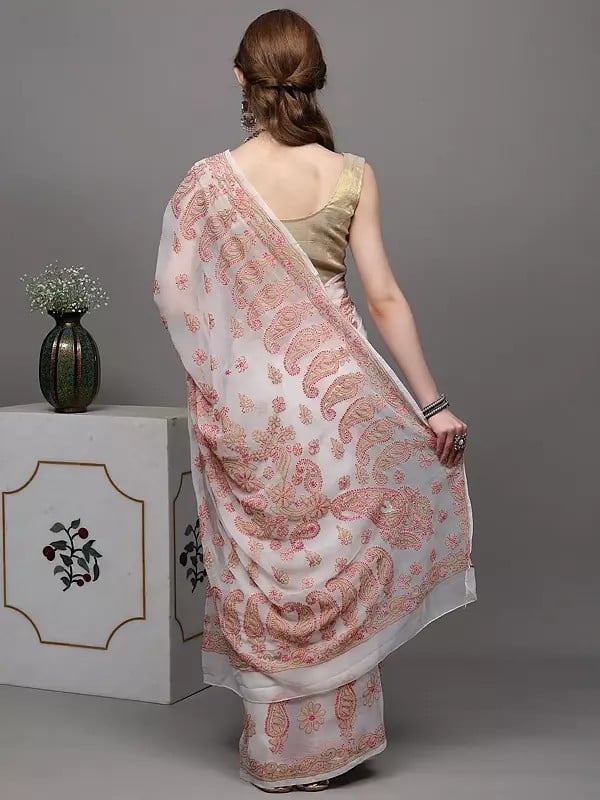 Exotic India Egret-White Georgette Saree From Lucknow With Chikan Embroidered Paisleys By Hand 