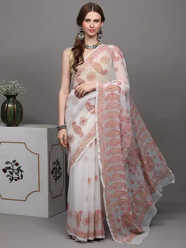 exotic india Egret-White Georgette Saree from Lucknow with Chikan Embroidered Paisleys by Hand 