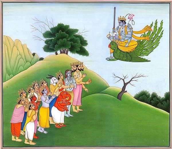 exotic india Eight-Armed Vishnu on Garuda Watercolor Painting on Paper