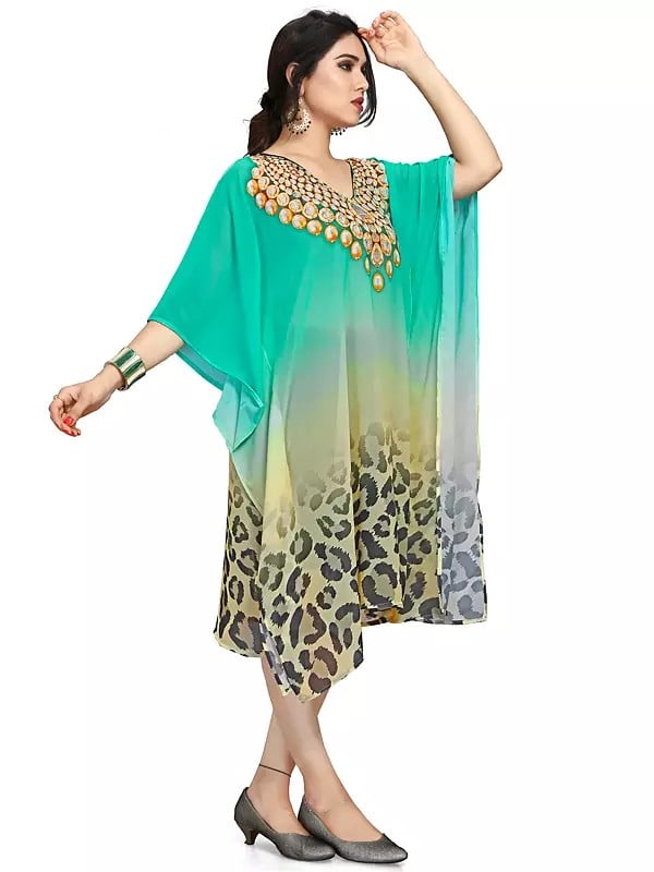 Exotic India Electric-Green Lightweight Short Kaftan With Printed Leopard Pattern 