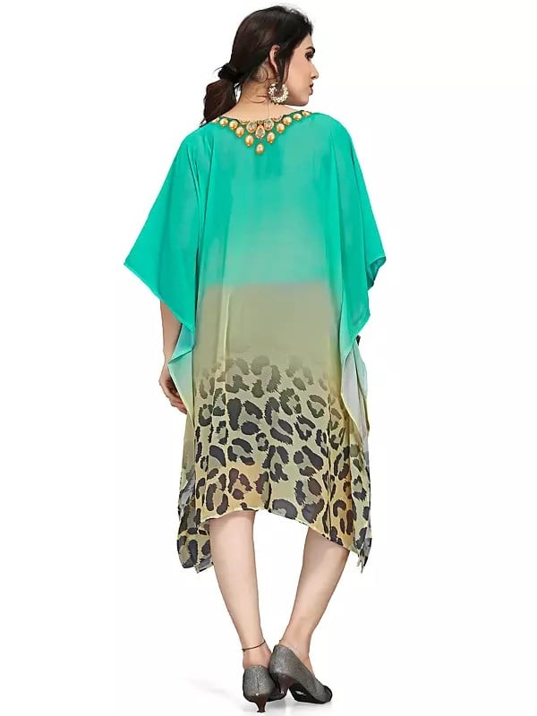Exotic India Electric-Green Lightweight Short Kaftan With Printed Leopard Pattern 