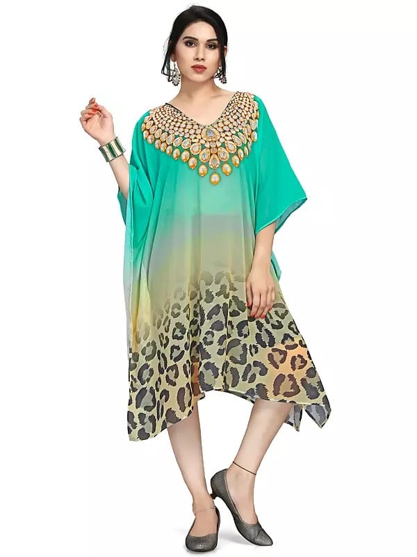 exotic india Electric-Green Lightweight Short Kaftan with Printed Leopard Pattern 