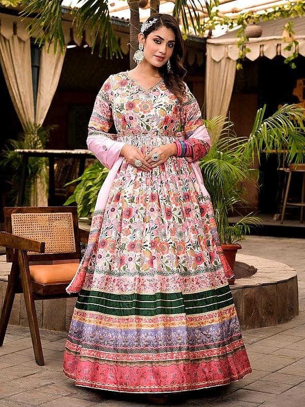 Exotic India Elegant All Over Floral Digital Print And Flared Festive Wear Soft Dola Silk Anarkali Gown With Chinon Dupatta