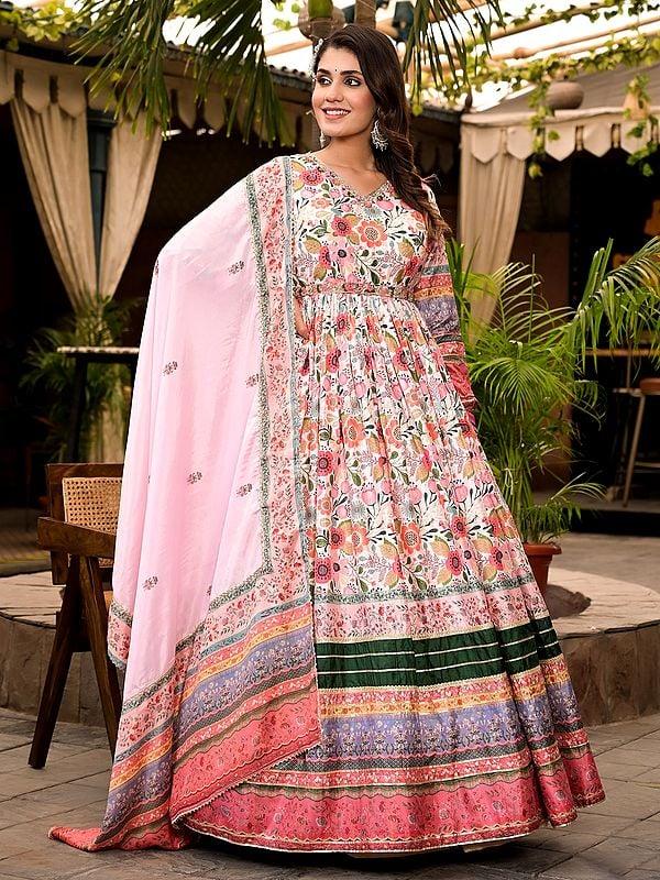 Exotic India Elegant All Over Floral Digital Print And Flared Festive Wear Soft Dola Silk Anarkali Gown With Chinon Dupatta