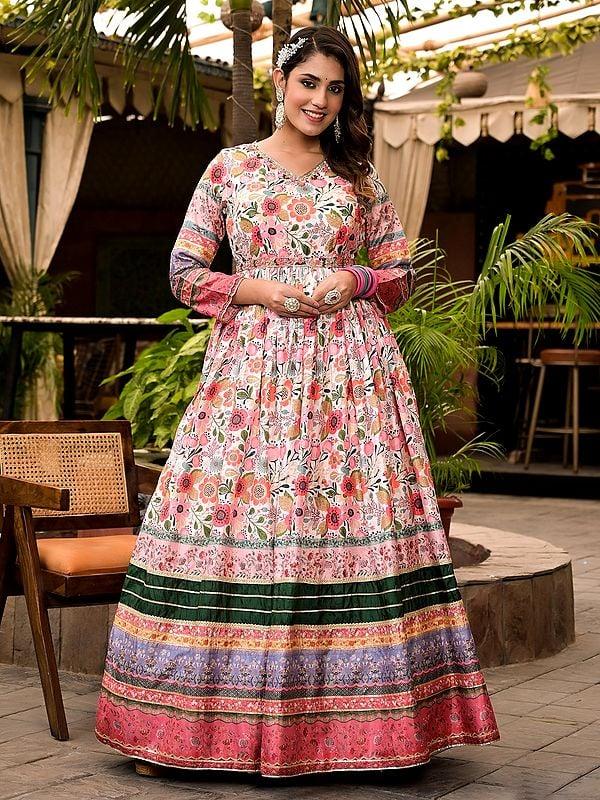 Exotic India Elegant All Over Floral Digital Print And Flared Festive Wear Soft Dola Silk Anarkali Gown With Chinon Dupatta