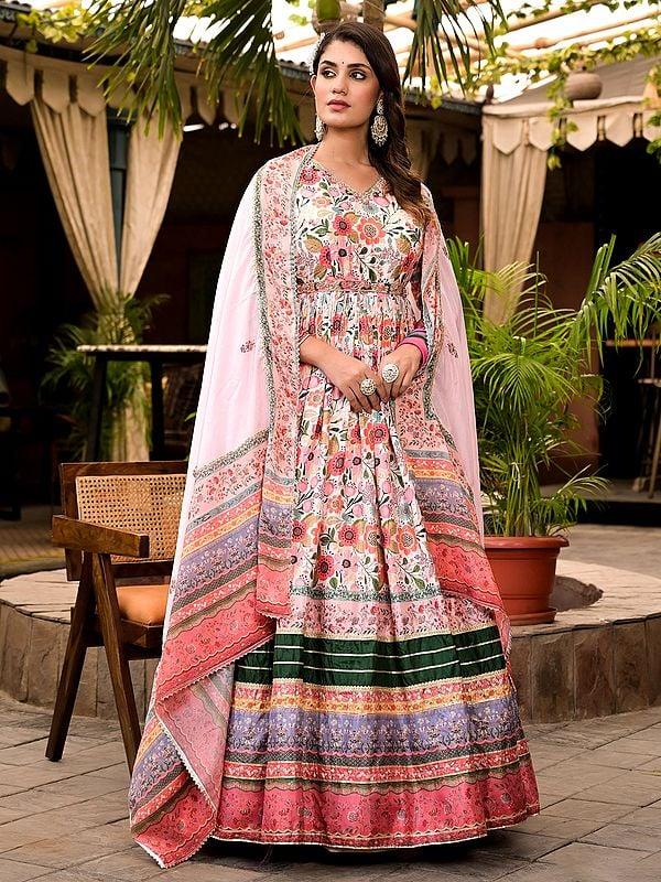 exotic india Elegant All Over Floral Digital Print And Flared Festive Wear Soft Dola Silk Anarkali Gown With Chinon Dupatta 