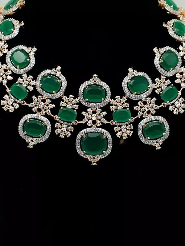 Exotic India Elegant American Diamond Stone Studded Necklace With Matching Earrings