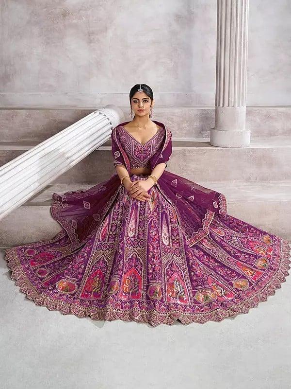 Exotic India Elegant Ari And Patch Work Floral Wedding Occasion Banarasi Silk Lehenga Choli With Net Embellished Dupatta