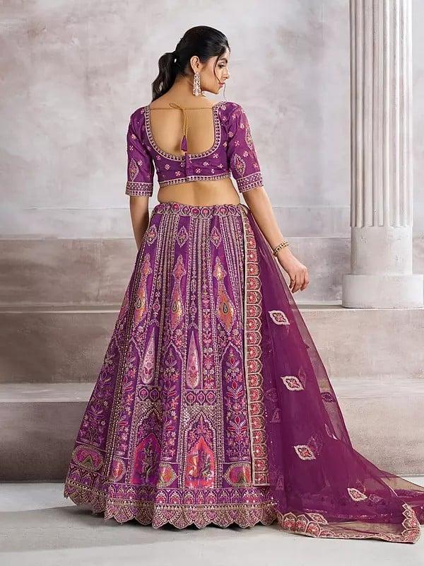 Exotic India Elegant Ari And Patch Work Floral Wedding Occasion Banarasi Silk Lehenga Choli With Net Embellished Dupatta