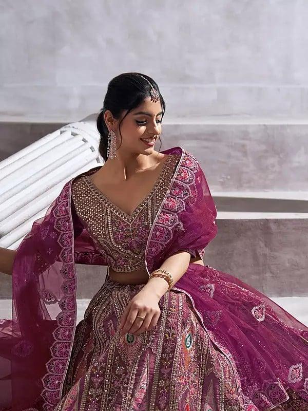 Exotic India Elegant Ari And Patch Work Floral Wedding Occasion Banarasi Silk Lehenga Choli With Net Embellished Dupatta