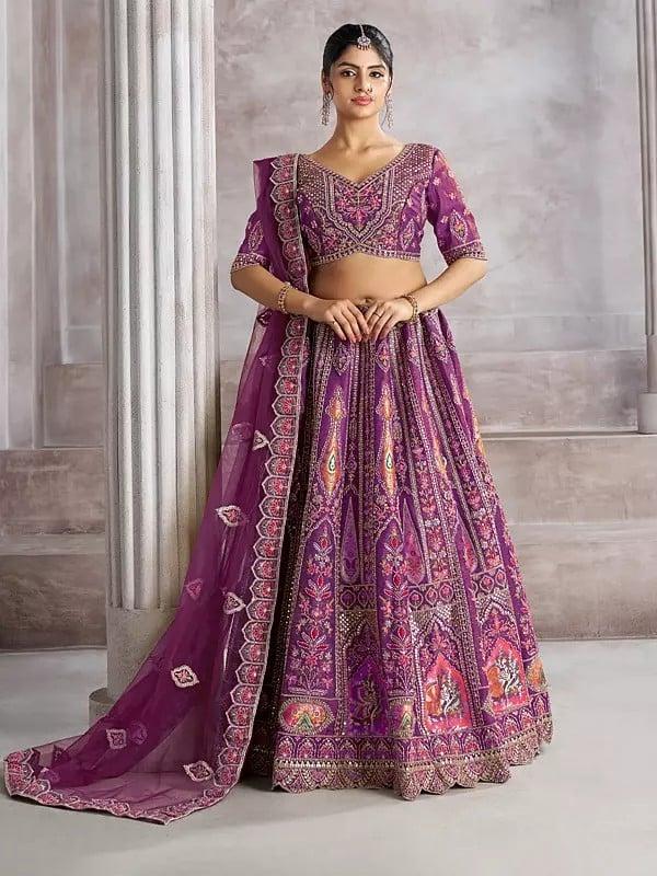 exotic india Elegant Ari And Patch Work Floral Wedding Occasion Banarasi Silk Lehenga Choli With Net Embellished Dupatta 