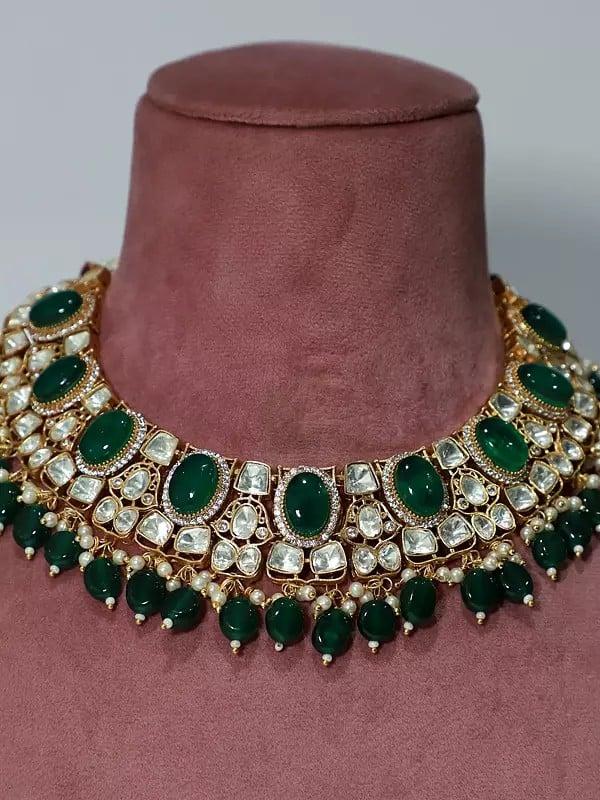 Exotic India Elegant Beaded And Stone Studded Copper And Kundan Necklace Set With Earrings