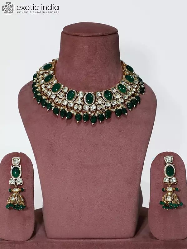 exotic india Elegant Beaded And Stone Studded Copper And Kundan Necklace Set With Earrings 