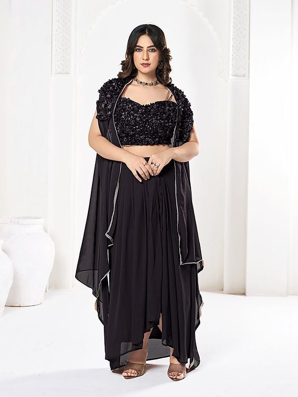 Exotic India Elegant Black Georgette Crop-Top Palazzo Set With Dupatta For Party Occasion 