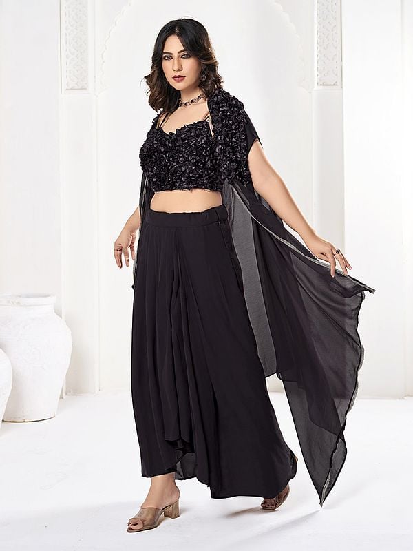 Exotic India Elegant Black Georgette Crop-Top Palazzo Set With Dupatta For Party Occasion 