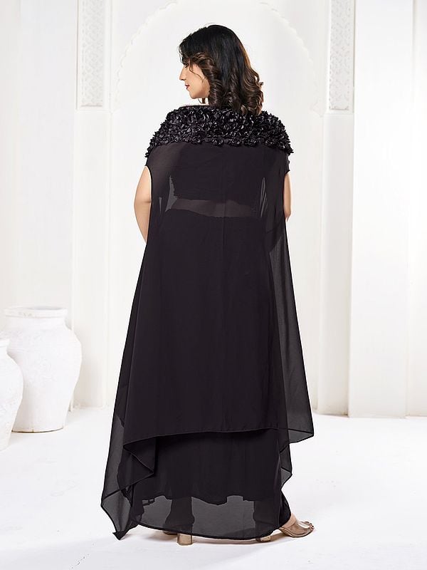 Exotic India Elegant Black Georgette Crop-Top Palazzo Set With Dupatta For Party Occasion 