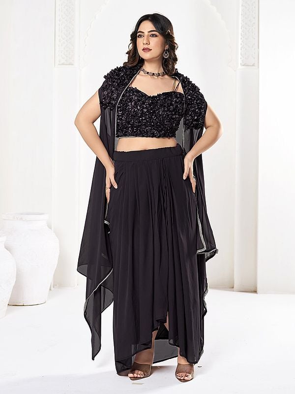 exotic india Elegant Black Georgette Crop-Top Palazzo Set With Dupatta For Party Occasion 