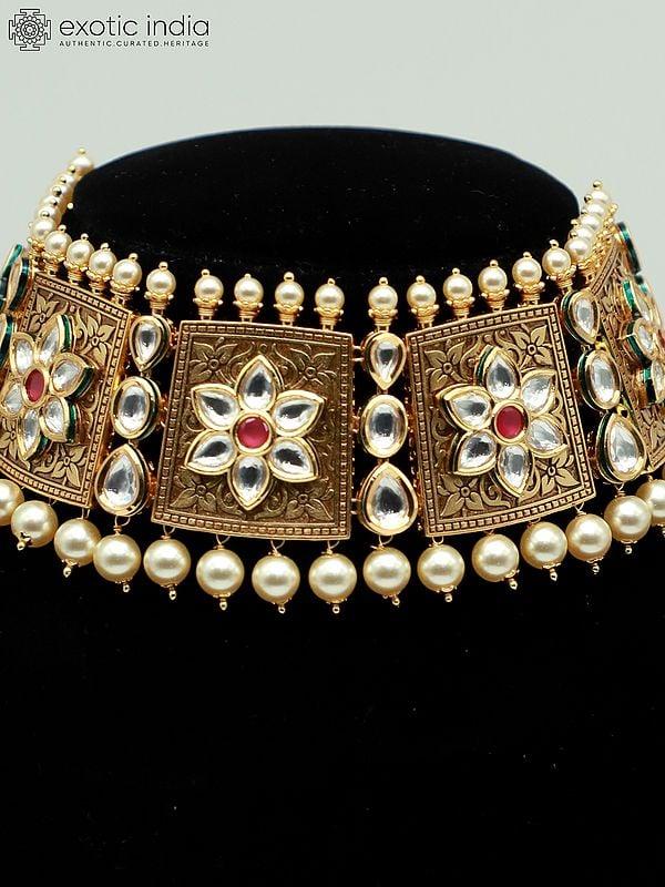 Exotic India Elegant Brass Choker Set With Hanging Beads And Earrings 