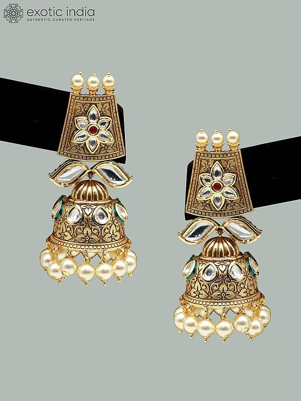 Exotic India Elegant Brass Choker Set With Hanging Beads And Earrings 