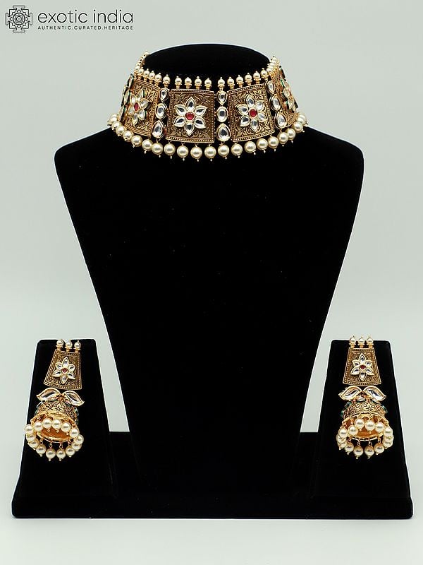 exotic india Elegant Brass Choker Set With Hanging Beads And Earrings 