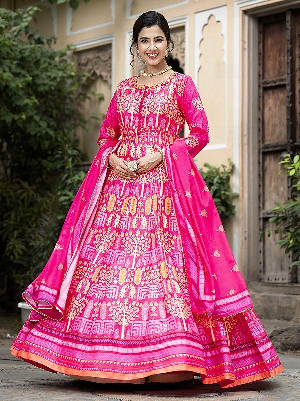 Exotic India Elegant Contrast Digital Print Soft Dola Silk Festive Wear Anarkali Gown With Chinon Dupatta