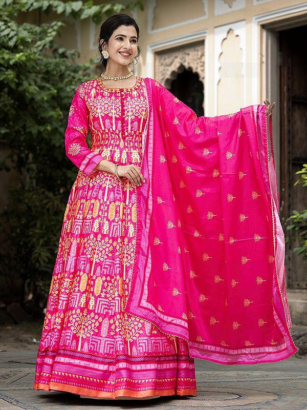 Exotic India Elegant Contrast Digital Print Soft Dola Silk Festive Wear Anarkali Gown With Chinon Dupatta
