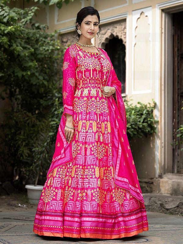 Exotic India Elegant Contrast Digital Print Soft Dola Silk Festive Wear Anarkali Gown With Chinon Dupatta