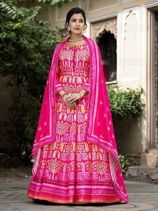 exotic india Elegant Contrast Digital Print Soft Dola Silk Festive Wear Anarkali Gown With Chinon Dupatta