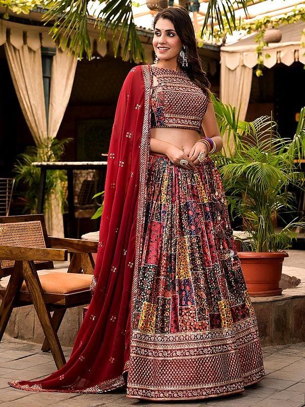 Exotic India Elegant Digital Print With Embroidery Work Wedding Wear Satin Lehenga Choli With Georgette Dupatta 