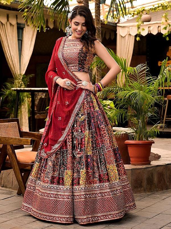 Exotic India Elegant Digital Print With Embroidery Work Wedding Wear Satin Lehenga Choli With Georgette Dupatta 