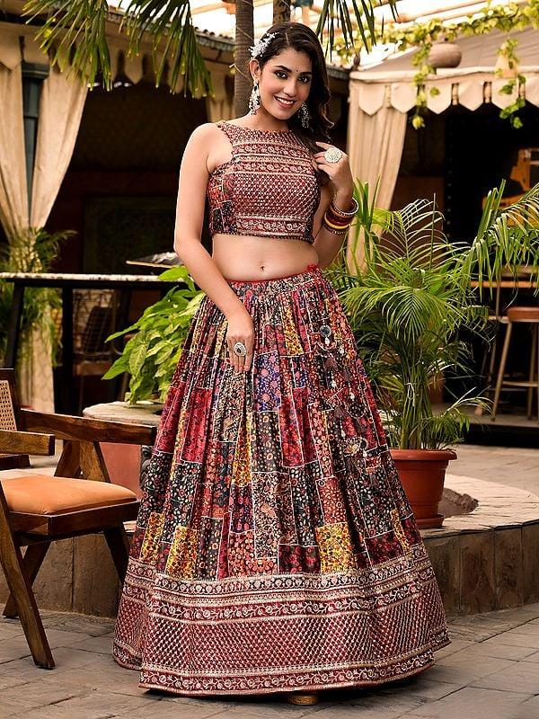 Exotic India Elegant Digital Print With Embroidery Work Wedding Wear Satin Lehenga Choli With Georgette Dupatta 