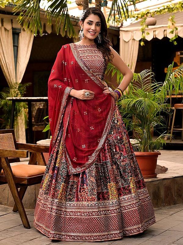 exotic india Elegant Digital Print With Embroidery Work Wedding Wear Satin Lehenga Choli With Georgette Dupatta 