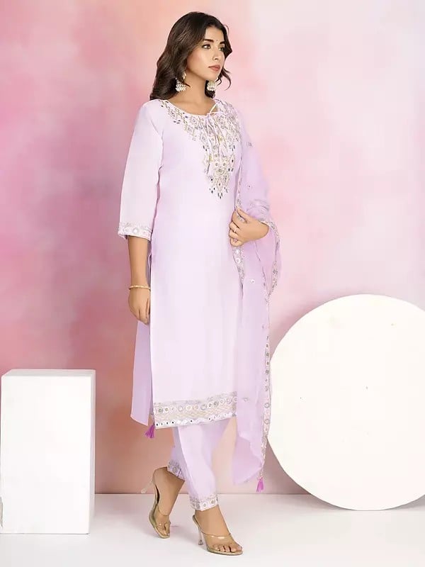 Exotic India Elegant Embroidery And Sequins Work Festive Wear Chanderi Kurta Set With Organza Dupatta