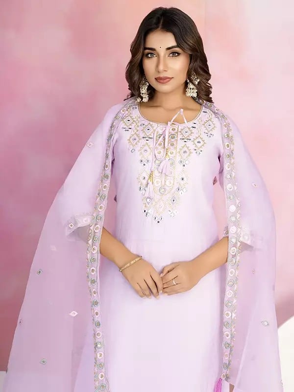 Exotic India Elegant Embroidery And Sequins Work Festive Wear Chanderi Kurta Set With Organza Dupatta