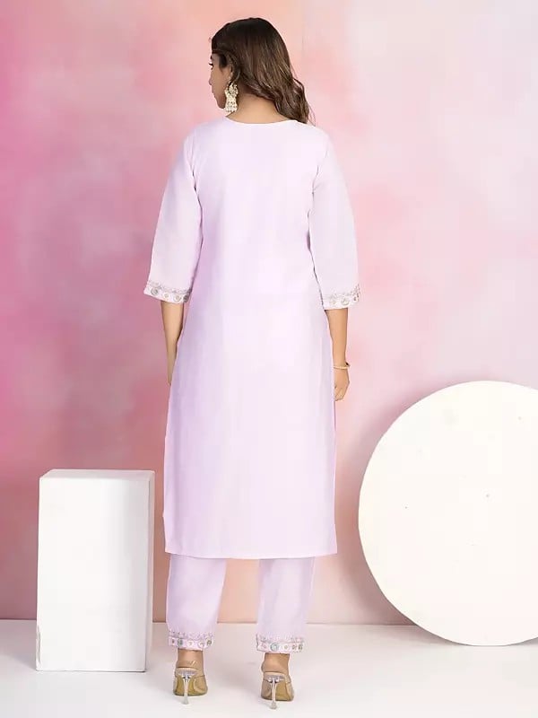 Exotic India Elegant Embroidery And Sequins Work Festive Wear Chanderi Kurta Set With Organza Dupatta