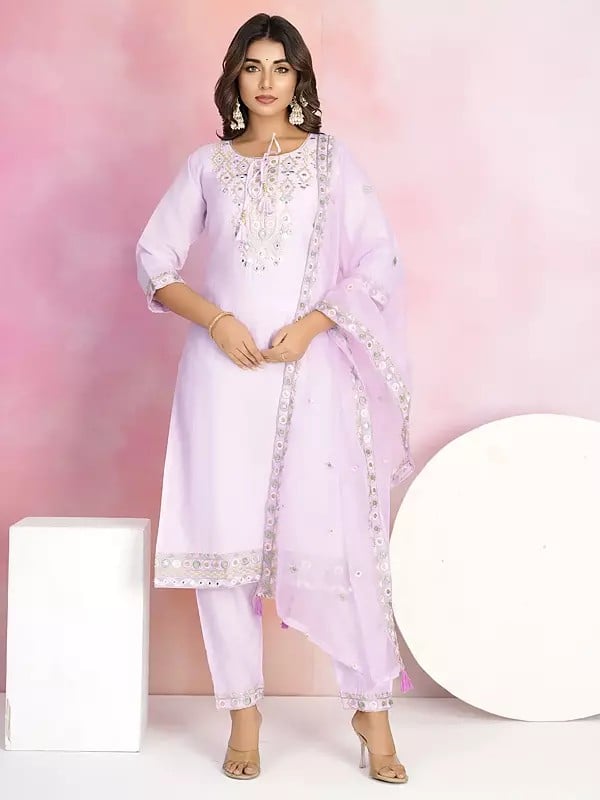 exotic india Elegant Embroidery And Sequins Work Festive Wear Chanderi Kurta Set With Organza Dupatta 