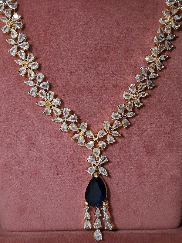 Exotic India Elegant Floral Design Long American Diamond Necklace Set With Earrings