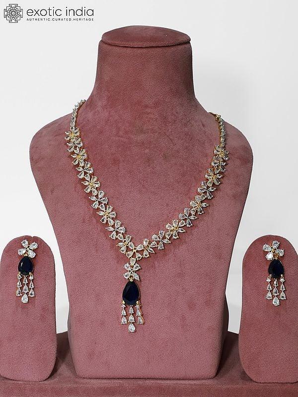exotic india Elegant Floral Design Long American Diamond Necklace Set With Earrings 