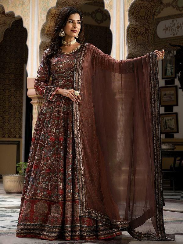 Exotic India Elegant Floral Digital Print Flared Dola Silk Festive Wear Long Gown With Matching Nazneen Dupatta