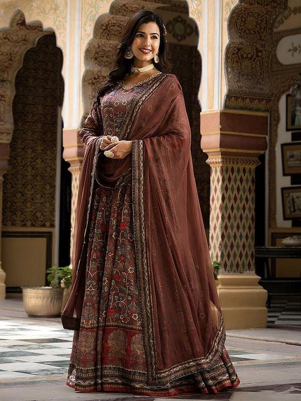 Exotic India Elegant Floral Digital Print Flared Dola Silk Festive Wear Long Gown With Matching Nazneen Dupatta