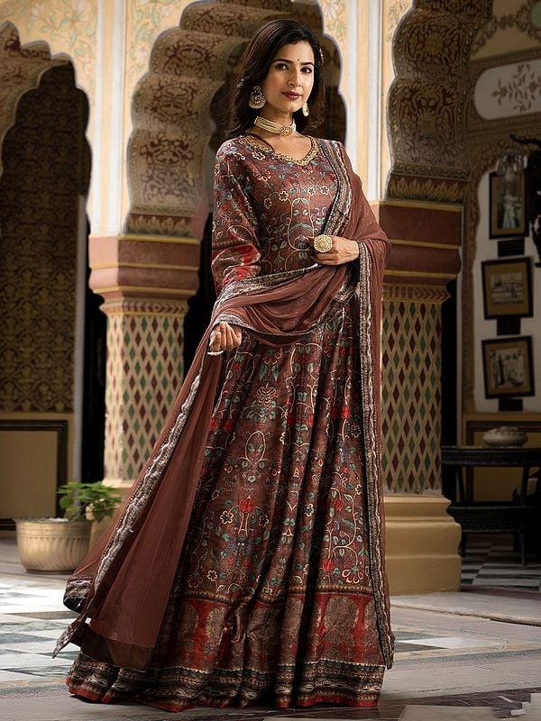 Exotic India Elegant Floral Digital Print Flared Dola Silk Festive Wear Long Gown With Matching Nazneen Dupatta