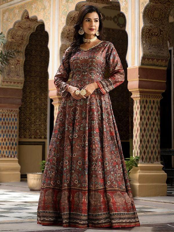 exotic india Elegant Floral Digital Print Flared Dola Silk Festive Wear Long Gown With Matching Nazneen Dupatta