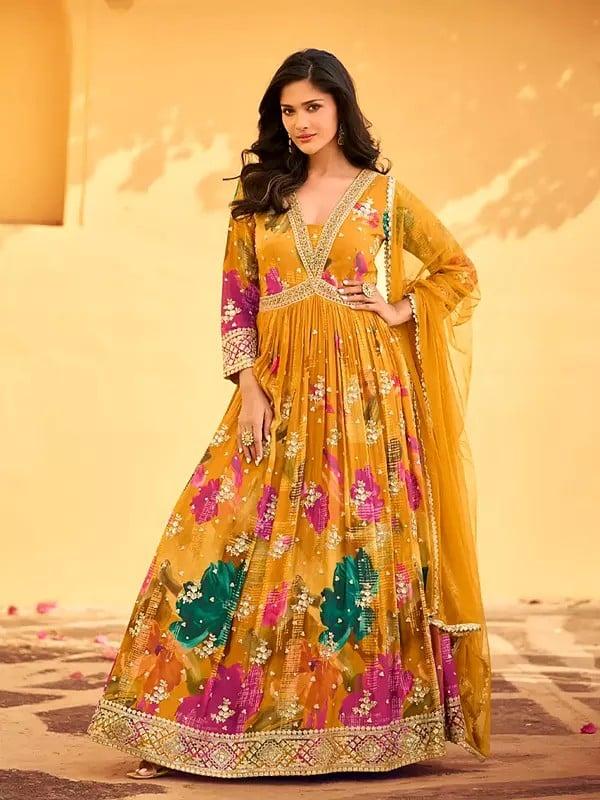 Exotic India Elegant Floral Print And Thread Embroidery Work Chinon Anarkali Gown With Net Dupatta 